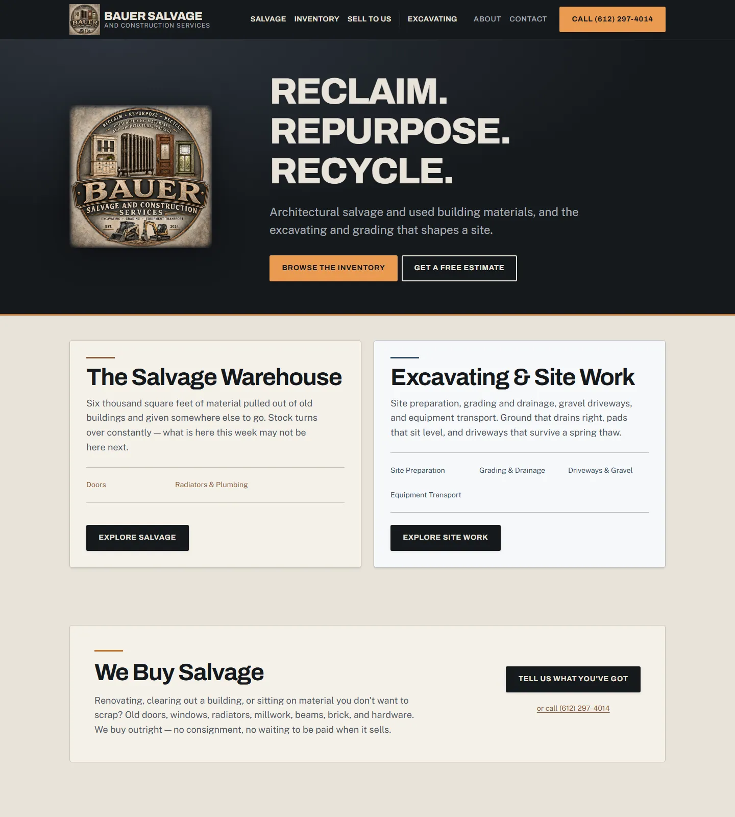 The Bauer Salvage and Construction Services homepage: the company badge beside the headline "Reclaim. Repurpose. Recycle.", above two cards for the salvage warehouse and for excavating and site work.