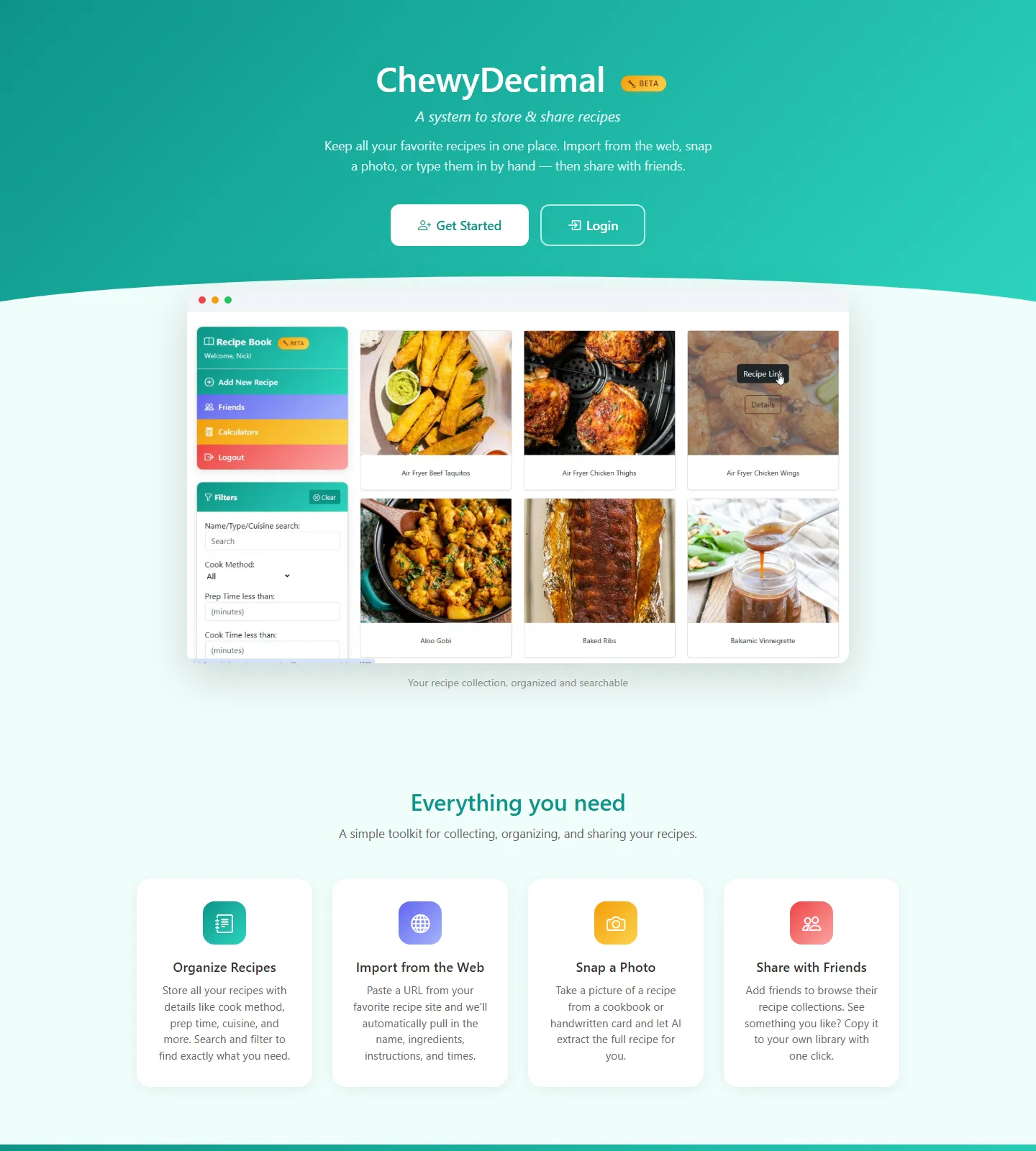 The ChewyDecimal landing page showing the recipe app preview and beta signup.