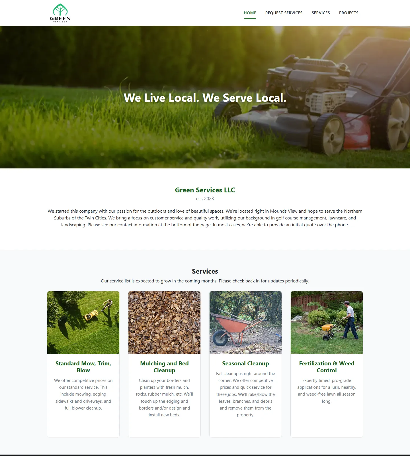 The Green Services LLC homepage: a mower on cut grass under the headline "We Live Local. We Serve Local.", followed by the company introduction and a four-up services section.
