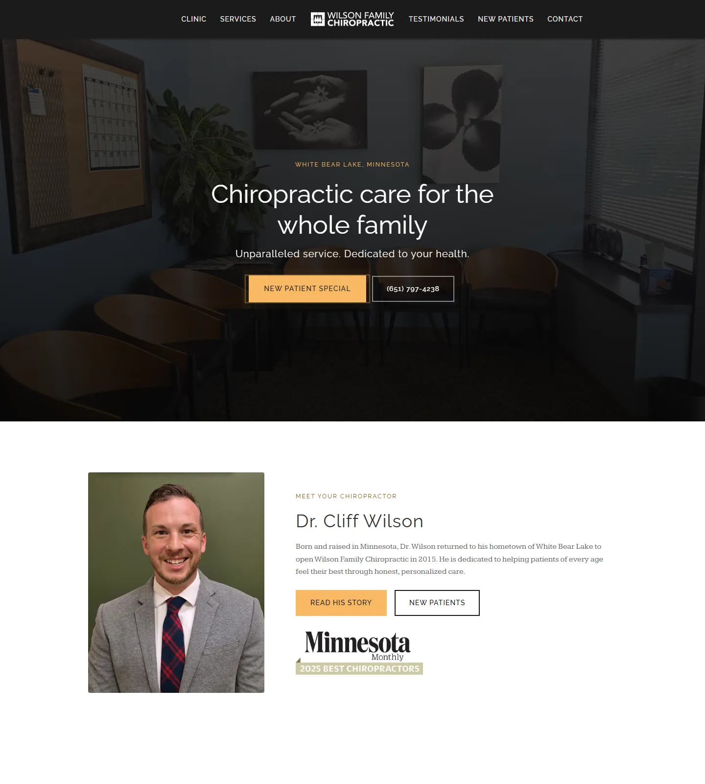 The Wilson Family Chiropractic homepage: the clinic waiting room behind the headline "Chiropractic care for the whole family", followed by an introduction to Dr. Cliff Wilson.